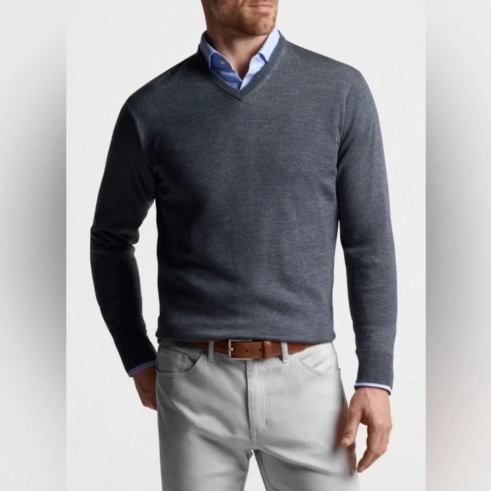 Peter Millar Charcoal Gray Autumn Crest V-Neck Sweater Merino Wool Size XXL